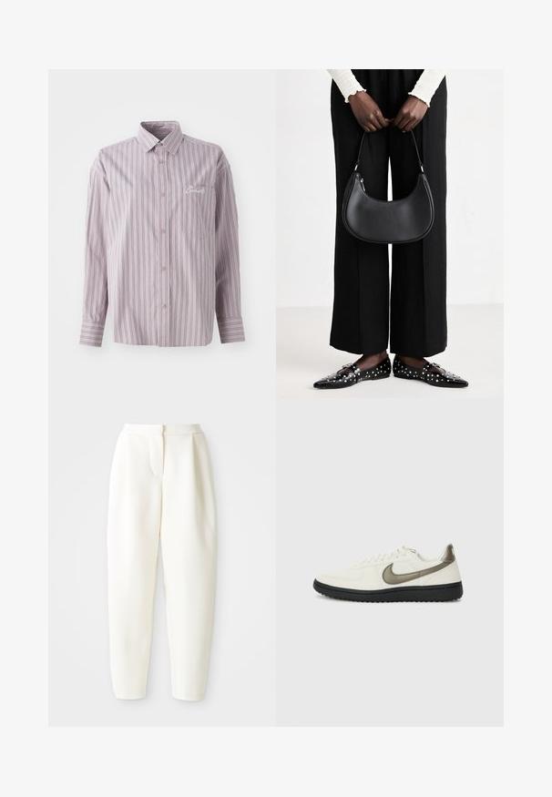 Button-up shirt in lavender with vertical stripes in dark gray. Features a small chest pocket and embroidered logo on the left side.; High-waist tapered white pants with a concealed front closure and side pockets, displayed against a plain white background.; Nike Sportswear FIELD GENERAL - Trainers - off-white/black; Black leather shoulder bag with a rounded shape, glossy finish, and silver hardware. Person wearing black wide-leg pants and studded loafers.