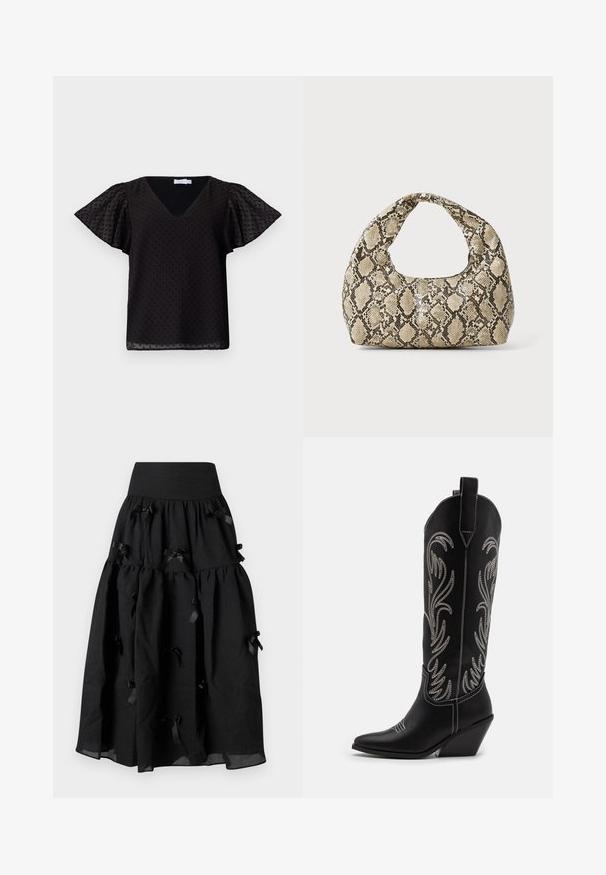 Blusa preta de decote em V com mangas curtas e fluídas, apresentando um padrão texturizado de bolinhas. Feita de um tecido leve e semi-transparente.; Sister Jane BIRDIE BOW MIDI SKIRT - Saia evasé - black; Botas de cowboy em couro preto com bicos pontiagudos, saltos em cunha e padrões florais bordados em prata ao longo do cano. Costura de contraste por toda a parte.; Bolsa com padrão de pele de cobra e uma alça curva. Feita de materiais texturizados em bege e castanho, apresentando um padrão de diamante distintivo.