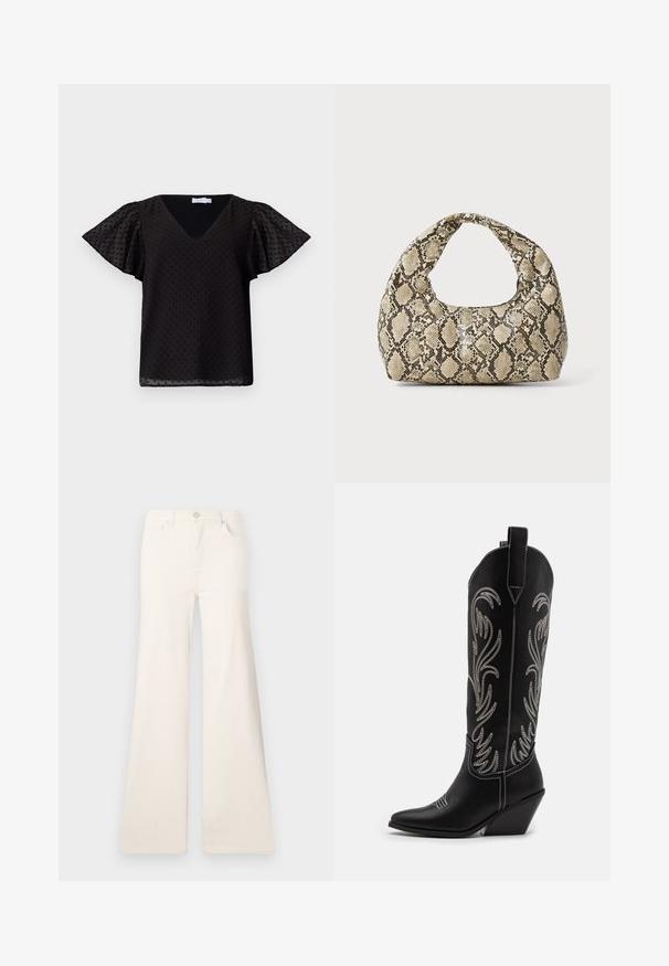 Juoda V-kaklo bliuskutė su trumpomis plazdančiomis rankovėmis, su tekstūruotu taškinių raštu. Pagaminta iš lengvos, pusiau permatomos medžiagos.; ONLY ONLMADISON WIDE - Platėjantys džinsai - ecru; Juodi oda kaubojiški batai su smailiu nosiu, stulpeliu ir sidabriniais siuvinėti gėlių raštais palei šoną. Kontrastingas siuvinėjimas visoje bato dalyje.; Gyvatės rašto rankinė su kreiviu rankenėle. Pagaminta iš tekstūruotų smėlio ir rudos spalvos medžiagų, su išskirtiniu rombo raštu.