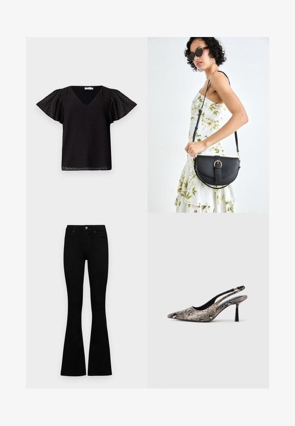 Must mustriga V-kaelusega pluus lühikeste flutris varrukatega, millel on tekstureeritud täpid. Valmistatud kergest, poolläbipaistvast kangast.; Mustad kõrge vöökohtadega teksad, millel on nööp ja lukuga sulgemine, esikäe taskud ja laienevad sääred, asetatud tasasele valgele taustale.; Kitsas varvusega slingback kingad, mis on valmistatud tekstuuriga maosarnase materjali toel, omavad saledat musta kõrget kontsa ja lõikega disaini külgedel.; Mustmust mustraha kõverate joontega, eemaldatava rihmaga ja kuldsete detailidega. Kotil on klapp, millel on pandladetail.