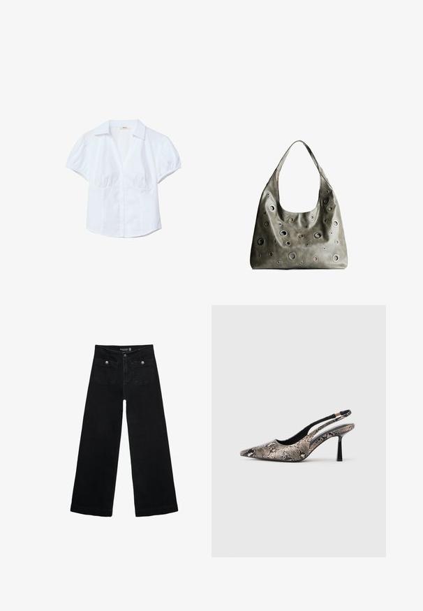 Bijela majica kratkih rukava sa strukturiranim okovratnikom, napuhanim rukavima i prednjim kopčanjem na dugmad. Ima nabranu tkaninu na bustu.; Crne široke traperice s visokim strukom, koje imaju dva prednja džepa i metalne gumbe kao ukrase. Tkanina ima glatku teksturu.; Cipele s otvorenom petom i špicastim prstom izrađene od teksturiranog materijala sa uzorkom zmijske kože, s tankim crnim potplatom i izrezanim dizajnom sa strane.; Maslinasto zeleni kožni ručni kovčeg s opuštenim dizajnom, s raznim kružnim izrezima različitih veličina i naglascima u tamnijim i svjetlijim nijansama.
