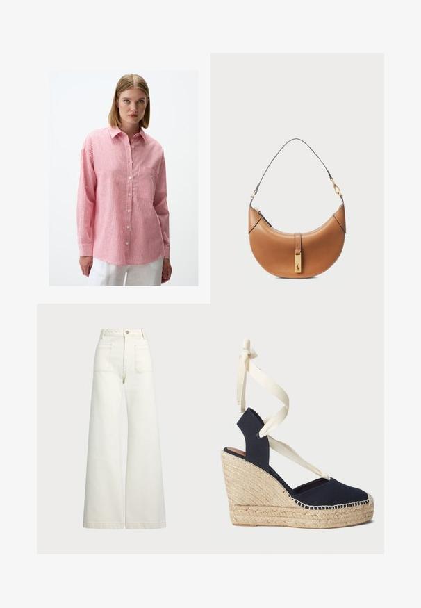 Rood-witte gestreepte overhemden met een kraag, lange mouwen, een borstzak en een ontspannen pasvorm, gemaakt van lichtgewicht stof.; Wijd-zit jeans van off-white denim. Hooggaande taille met een knoopsluiting, twee voorzakken en contrasterende stikdetails.; Marine blauwe canvas wedge sandaal met een espadrille touwzool en crèmekleurige lintstrikken rond de enkels. Gesloten hiel en rond neopreen ontwerp.; Tan leren handtas met een gebogen vorm, gouden hardware en een dunne schouderriem. Beschikt over een ritsluiting en logo-detail aan de voorkant.
