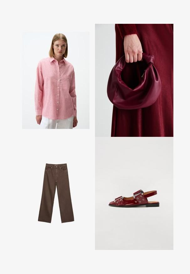 Rood-witte gestreepte overhemden met een kraag, lange mouwen, een borstzak en een ontspannen pasvorm, gemaakt van lichtgewicht stof.; Brede bruine spijkerbroek van denim, met een hoge taille, voorzakken en een klassieke knoopsluiting. Soepele textuur met subtiele stiksels.; Bordeaux glanzend leren slingback-schoenen met een spitse neus, voorzien van twee verstelbare gespsluitingen en accenten van zilverhardware.; Bordeaux leren handtas met een zacht, gegathered ontwerp en een ronde vorm. De handgreep is stevig bevestigd en toont een gladde textuur.