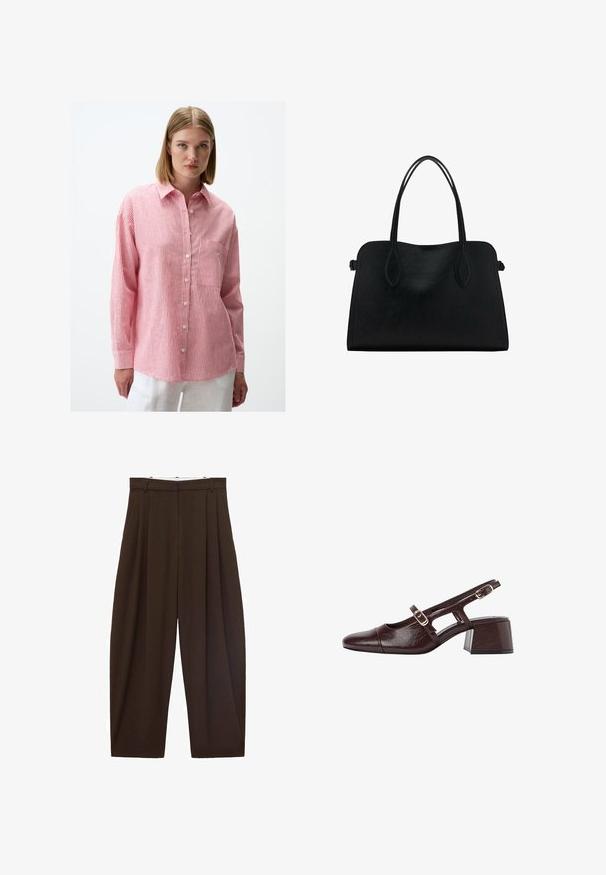 Red and white striped button-up shirt with a collar, long sleeves, a chest pocket, and a relaxed fit, made of lightweight fabric.; Brown high-waisted trousers with pleats, made of smooth fabric. Loose fit, straight leg design, featuring belt loops and a zip fly.; Brown leather slingback heels with a square toe, cut-out sides, and a block heel. Features a buckle on the ankle strap.; Black leather handbag with dual shoulder straps, rectangular shape, and minimalistic design on a white background.