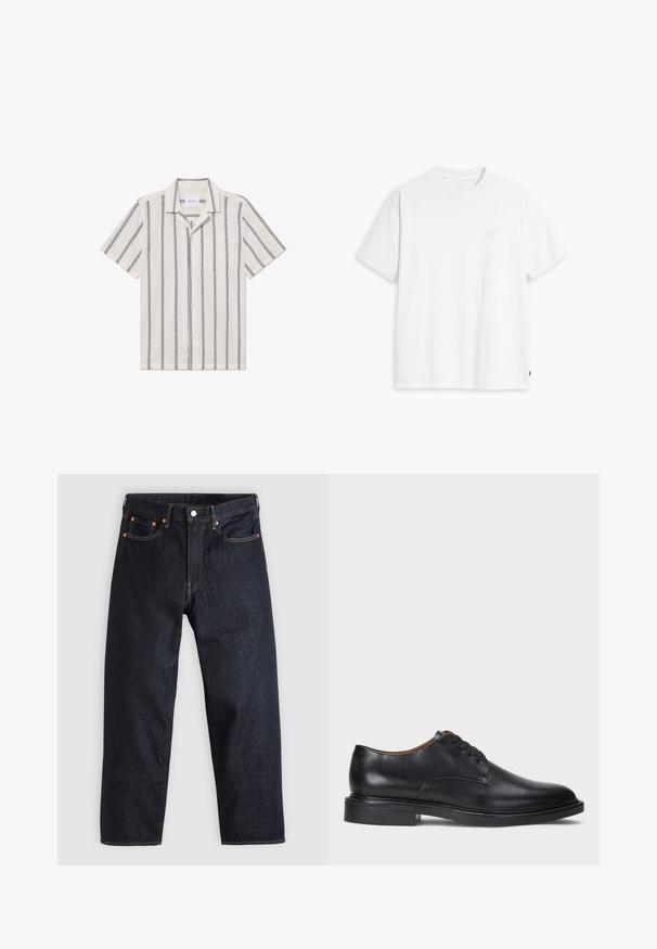 Kortærmet skjorte i et lyst beige stof med mørkeblå lodrette striber, der har en knappet front og en brystlomme.; Hvid bomulds T-shirt med korte ærmer, rund hals og en diskret Levi's logo trykt i midten. Blød tekstur og standard pasform.; Mørkeblå denimjeans med lige pasform, fem lommer, kontrasterende orange syning og knaplukning. Ingen synlige mønstre eller udsmykninger.; Sorte læder dress sko med rund tå, snørelukning og en lav stablet hæl. Glat tekstur med minimale syningsdetaljer.