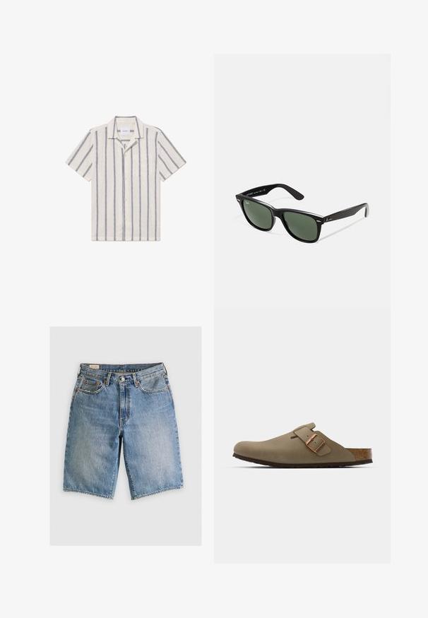 Košulja s kratkim rukavima od svijetlosmeđeg materijala s tamnoplavim vertikalnim prugama, s gumbima sprijeda i džepom na prsima.; Traper šortsevi u svijetloplavoj boji s klasičnim krojem. Imaju pet džepova, naglašene narančaste šavove i rubove bez obruba.; Smeđi drvenjaci s glatkom, mat površinom. Imaju istaknut brončani kopču s jedne strane. Korkana unutrašnjost i gumeni potplat za udobnost.; Crne plastične sunčane naočale s zelenim staklima, kvadratni okviri, srebrni naglasak na obrvi i teksturirane ručke. Naziv brenda naveden na unutrašnjoj strani ručke.