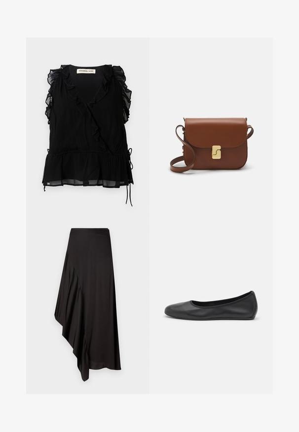 Schwarzes ärmelloses Oberteil mit rüschengesäumten Kanten, V-Ausschnitt und weitem Saum. Hergestellt aus leichtem Stoff mit strukturierter Oberfläche und Kordelzugdetails.; AERON ASTER SKIRT - Bleistiftrock - black; Schwarze Leder-Ballettschuhe mit abgerundeter Spitze, glatter Textur, minimalen Nähdetails und einem flexiblen Sohlen-Design.; Braune Ledertasche mit Klappenverschluss, Beschlägen in Goldfarbe, einem Schultergurt und einer glatten Oberfläche. Kompakte rechteckige Form.