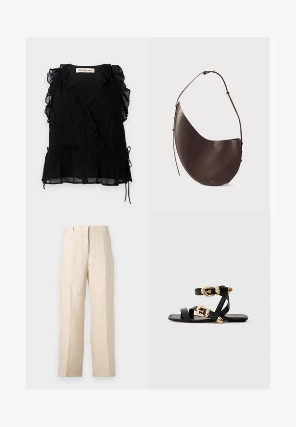 Schwarzes ärmelloses Oberteil mit rüschengesäumten Kanten, V-Ausschnitt und weitem Saum. Hergestellt aus leichtem Stoff mit strukturierter Oberfläche und Kordelzugdetails.; Beige Leinenhosen mit einer lockeren Passform, gefältelter Vorderseite und geraden Beinen. Besitzt einen Bund mit Gürtelschlaufen und keine sichtbaren Taschen.; Schwarze Ledersandalen mit goldenen Schnallenakzenten, die mehrere Riemen und ein flaches Sohlendesign für das Tragen mit offenen Zehen bieten.; Braune Lederhandtasche mit geschwungener Form, einem Schulterriemen und minimalistischem Design. Verfügt über ein dezentes Logo und goldene Hardware-Akzente.