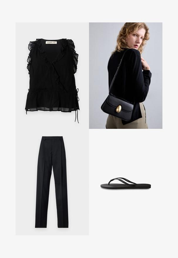 Schwarzes ärmelloses Oberteil mit rüschengesäumten Kanten, V-Ausschnitt und weitem Saum. Hergestellt aus leichtem Stoff mit strukturierter Oberfläche und Kordelzugdetails.; Schwarze Hosen aus glattem Stoff mit hoher Taille, weitem Bein, vorderen Falten und klassischen Gürtelschlaufen. Keine sichtbaren Seitentaschen.; Schwarze Flip-Flops mit einer strukturierten Gummisohle, zwei schlanken Riemen und einem dezenten, geprägten Logo-Detail auf dem Riemen.; Schwarze Lederhandtasche mit geschwungener Form, ausgestattet mit einem auffälligen goldenen ovalen Verschluss, einem verstellbaren Trageriemen und minimalistischem Design.