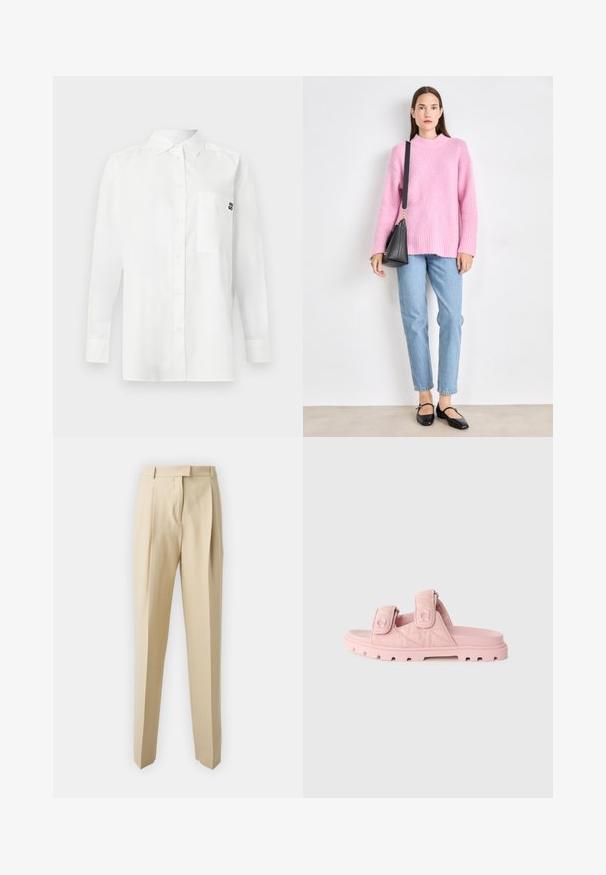 Hvid langærmet skjorte lavet af bomuldsblandingsstof, med en button-down krave, brystlomme og et lille sort logo på brystet.; Beige skrædderbukser med lige snit, der har læg, en taljeværdig og en glat tekstur. Ingen synlige lommer eller udsmykninger.; Lyserøde slidesandaler med to justerbare Velcro-stropper, tekstureret stofoverdel og en robust, tyk sål med dybe riller.; Lyserød fuzzy sweater med høj hals, lyseblå jeans og sorte flade sko. Sweateren har en afslappet pasform og ribbede manchetter. Sort håndtaske med strop.