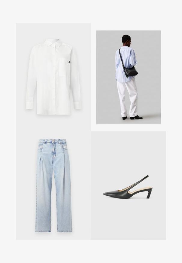 Bílá košile s dlouhým rukávem vyrobená z bavlněné směsi, která má límec na knoflíky, přední kapsu a malé černé logo na hrudi.; Světlé modré džíny z denimu s vysokým pasem, širokým střihem, dvěma bočními kapsami a nařaseným designem. Měkká textura s vybledlým povrchem.; Černý špičatý slingback s nízkým podpatkem, vyrobený z hladké kůže, s výřezem na boku pro lepší prodyšnost.; Černá kožená kabelka přes rameno s jemnou texturou, trojúhelníkovým tvarem a nastavitelným popruhem, v kombinaci se světle modrou pruhovanou košilí a bílými kalhotami.