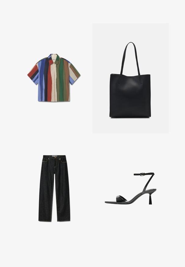 Košulja kratkih rukava sa dugmadi, ukrašena vertikalnim prugama u plavoj, zelenoj, crvenoj, bež i smešnoj boji. Izrađena od laganog materijala s opuštenim krojem.; Tamno plave traperice ravnog kroja, s mramornim zatvaračem od mesinga i kontrastnim žutim šavovima. Ima pet džepova i klasičan kroj.; Bershka Sandale s visokom petom - black; Crna kožna torba za nošenje s glatkom teksturom, pravokutnim oblikom i dvije duge ručke. Nema vidljivih metalnih dijelova ili ukrasa.