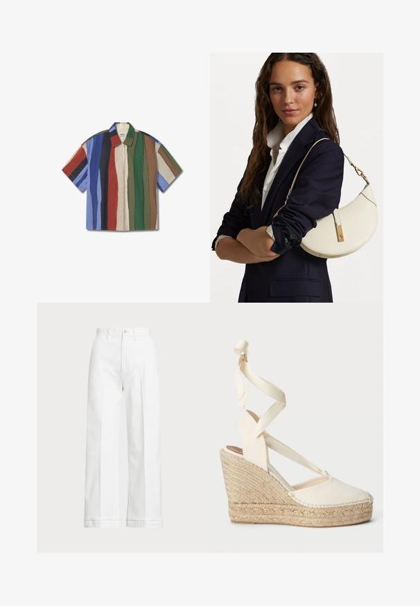 Korte mouwen overhemd met knopen en verticale strepen in blauw, groen, rood, beige en bruin. Gemaakt van lichtgewicht stof met een ontspannen pasvorm.; Witte wijde broek met een hoge taille, voorzien van een knoopsluiting en subtiele stiksels. Gemaakt van katoen met een gladde textuur.; Beige espadrille wedge sandaal met crisscross canvas banden en een geweven jute zool, voorzien van een ronde neus en een gestructureerd oppervlak.; Witte leren handtas met een ronde vorm, gouden details en een gestructureerde afwerking, gedragen over een donkere blazer en een wit shirt.