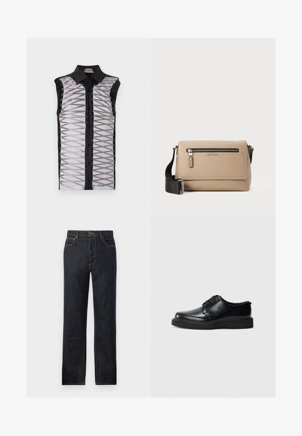 Zwarte mouwloze shirt met een doorschijnende voorkant, gekruiste banden, knoopsluiting en een gestructeerde kraag.; Donkerdenim jeans met een recht pasvorm, contrasterende gele stiksels, vijf-pocket ontwerp en een knoopsluiting aan de voorkant.; Zwarte leren veterschoenen met een ronde neus, een gladde afwerking en een getextureerde zwarte rubberen zool. Minimalistisch ontwerp zonder zichtbare patronen.; Beige leren schoudertas met een gestructureerde afwerking, voorzien van een zak met rits aan de voorkant en een verstelbare zwarte schouderriem. Logo aan de voorkant weergegeven.
