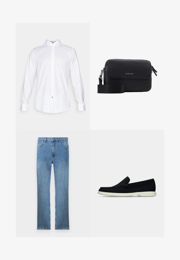 Balts garais piedurkņu krekls, kas izgatavots no gludas auduma, ar klasisku apkakli, pogu priekšpusi un noapaļotu apakšējo malu, kurai pievienota neliela akcenta pogu detaļa.; Gaiši zili džinsi ar taisnu piegriezumu, pieciem kabatām, rāvējslēdzēju un kontrastējošu šuvju. Audumam ir gluda, struktūrēta virsma.; Melna slīdnešuve ar noapaļu purngalu, ar teksturētu augšdaļu, gludu baltu zoli un diskrētu zīmola detalizāciju sānos.; Melnas ādas plecu soma ar akmens tekstūru, ar vāka aizdares mehānismu, sudraba logotipu un regulējamu siksnu. Kompakta taisnstūrveida forma.