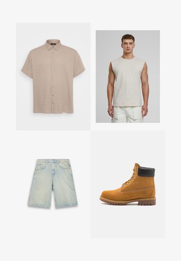Kratki rukav, košulja na dugmad u svijetlosmeđoj tkanini, s kragnom i prednjim dugmadi. Tekstura izgleda glatko i blago teksturirano.; Urban Classics OPEN EDGE SLEEVELESS - Top - cloud; Svijetloplave traperice kratke hlače s opuštenim krojem, pet džepova, blagim iznošenjem i vidljivim šavovima. Imaju zakopčavanje na gumb i patentni zatvarač.; Antracitne antilop čizme do gležnjeva s crnim podstavljenim ovratnikom, zlatnim metalnim rupicama, bijelim šavovima i robusnom gumenom potplatom s izraženim šarama.
