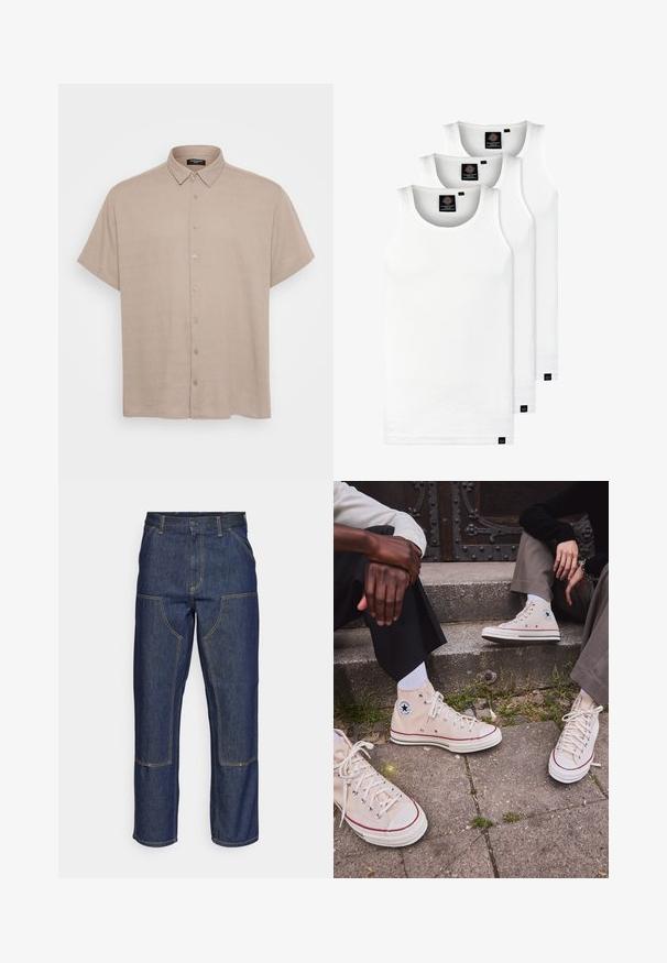 Κοντομάνικο πουκάμισο με κουμπιά σε ανοιχτό μπεζ ύφασμα, με γιακά και μπροστινά κουμπιά. Η υφή φαίνεται λεία και ελαφρώς υφασμένη.; Τρία λευκά ριμπ μπλουζάκια από βαμβάκι. Διαθέτουν στρογγυλή λαιμόκοψη και μικρές μαύρες ετικέτες κοντά στο στρίφωμα. Διαθέσιμα σε πολλές μεγεθύνσεις.; Σκούρο μπλε τζιν παντελόνι με ψηλή μέση, ευθεία γραμμή, αντίθεση ραφής και πλαϊνές τσέπες μπροστά.; Μπεζ καμβά sneakers ψηλής κορυφής με κόκκινη ρίγα, λευκή ελαστική σόλα και μεταλλικά μάτια, με το εμβληματικό λογότυπο αστεριού στο πλάι.