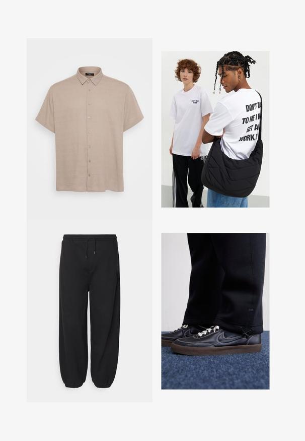 Cămașă cu mânecă scurtă, cu butoni, din țesătură bej deschis, cu guler și butoane în față. Textura pare netedă și ușor texturată.; Pantaloni de trening negri, fabricați dintr-un material moale, având o talie elastică cu șnur ajustabil și manșete îngustate la glezne.; Nike Sportswear KILLSHOT 2 LTR PRM OPP2 - Sneakers low - black sail baroque brown mtlc dk grey; Geantă de umăr neagră, matlasată, cu o textură moale, purtată de o persoană îmbrăcată într-un tricou alb cu imprimeu grafic și text îndrăzneț. O ținută lejeră, completată cu blugi.