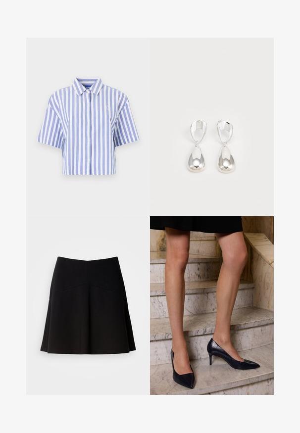 Cropped short-sleeve shirt in light blue and white vertical stripes, button-down front, classic collar, soft textured fabric.; Black flared skirt made from soft fabric, featuring a fitted waistband and seam detailing. Smooth texture with a simple, classic design.; Navy blue high-heeled shoes with a pointed toe, featuring a smooth and textured finish resembling crocodile skin.; Silver drop earrings featuring a smooth, polished finish. The design includes a teardrop shape with interconnected sections.