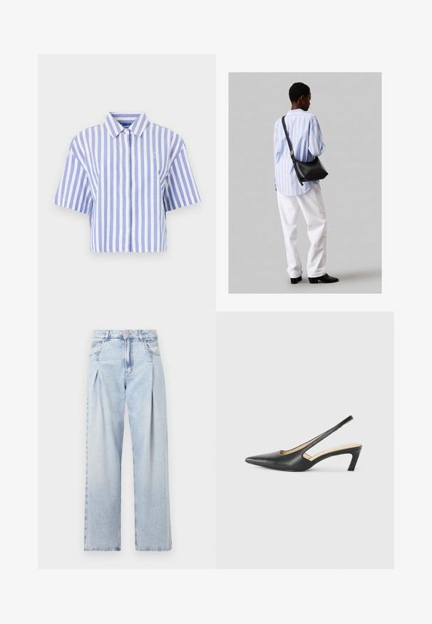 Cămașă scurtă cu mâneci, în dungi verticale albastre și albe, cu închidere cu nasturi, guler clasic, dintr-un material texturat moale.; Jeans din denim albastru deschis cu talie înaltă, croială evazată, două buzunare laterale și un design pliat. Textură moale cu un finisaj decolorat.; Pantof cu toc mic, cu vârf ascuțit și slingback, realizat din piele netedă, având un design decupat pe lateral pentru respirabilitate.; Geantă de umăr din piele neagră cu o textură moale, formă triunghiulară și curea ajustabilă, asortată cu o bluză cu dungi albastre deschise și pantaloni albi.