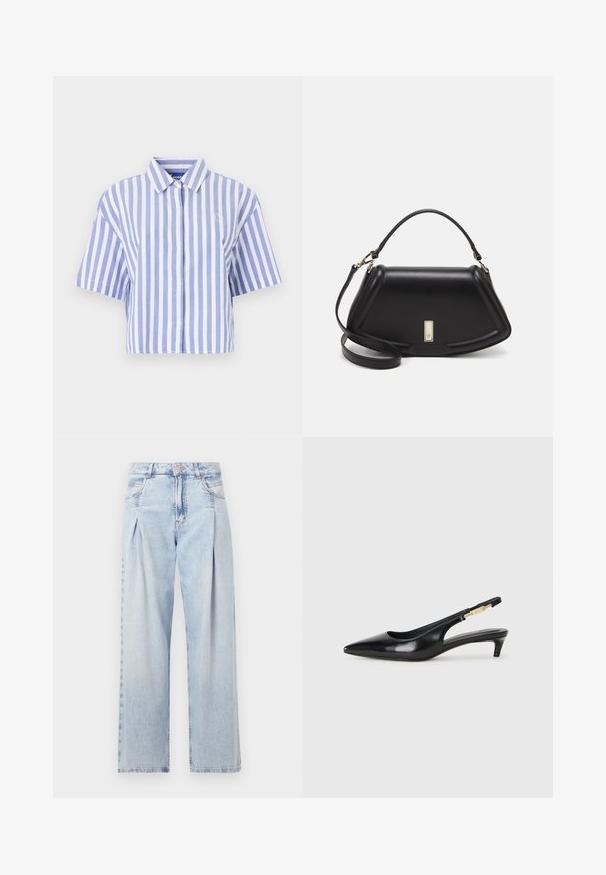 Kuttet kortermet skjorte i lyseblå og hvite vertikale striper, knappeåpning foran, klassisk krage, myk teksturert stoff.; Lyseblå denimjeans med høy livlinje, vide ben, to sidelommer og plisserte detaljer. Myk tekstur med en falmet finish.; Sorte lærreim hæler med spiss tå, som har en slank hæl og en gullfarget detalj på den justerbare stroppen. Glatt tekstur.; Sort lærveske med en strukturert design, som har en avkortet form, topphåndtak og detaljer i gull. Justerbar skulderstropp inkludert.