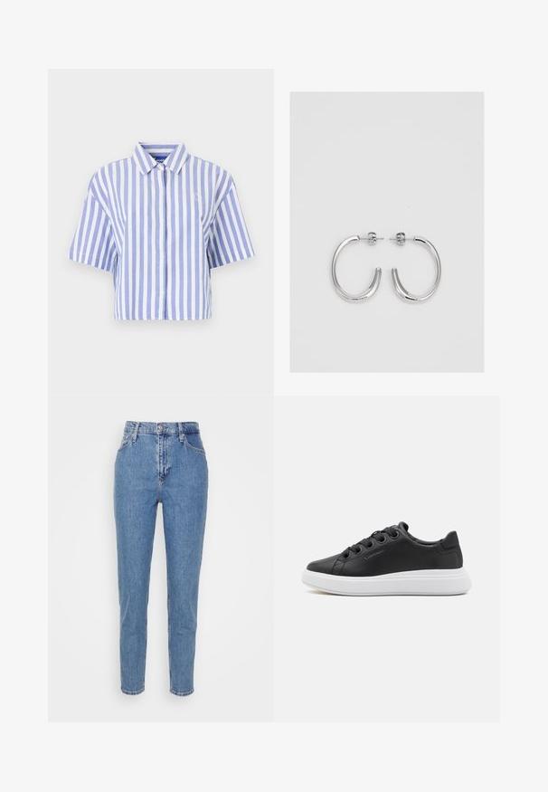 Lyhyet hihat, vaaleansininen ja valkoinen pystysuuntainen raidoitus, napitettava etuosa, klassinen kaulus, pehmeä tekstuuri.; Siniset korkea vyötäröiset suorat farkut, joissa on etupainike ja vetoketju, vyölenkit ja taskut, esiteltynä yksinkertaisella valkoisella taustalla.; Calvin Klein CUPSOLE LACE UP - Matalavartiset tennarit - black; Hopehopeet hopehopeet hopehopeet hopehopeet, jolla on sileä, kiiltävä pinta. Pyöreä muoto, kevyt rakenne, jossa on neulakiinnitys.