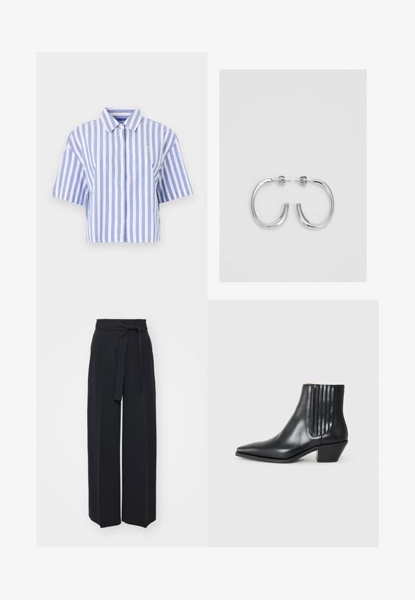Cropped short-sleeve shirt in light blue and white vertical stripes, button-down front, classic collar, soft textured fabric.; Wide-leg black trousers made of soft fabric. Features a belted waistband and front pleats. Smooth texture with a clean, contemporary design.; Black leather ankle boot with pointed toe, elastic side panels with vertical grooves, and a low block heel. Smooth texture and sleek design.; Silver hoop earrings with a smooth, shiny finish. Rounded shape, lightweight design, featuring a post-back closure.