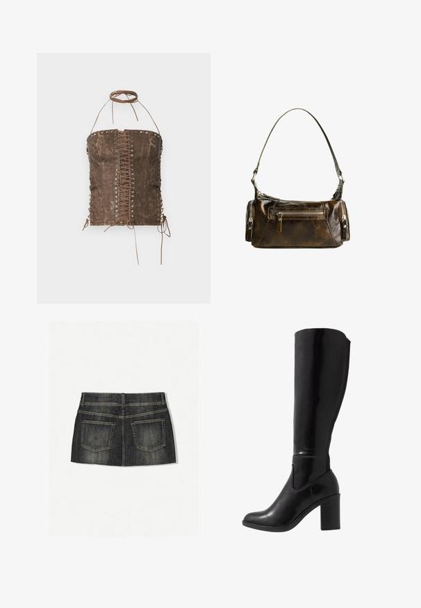 Barna műbőr fűző felső, fűzős elejével, ezüstszínű szemekkel, és állítható kötéssel az oldalán és a nyakvonalban. Simás textúra, testhezálló fazon.; Sötét mosású farmer mini szoknya, megviselt textúrával. Öt zsebes kialakítással, zsinórvarrás részletekkel és egyenes szegéllyel rendelkezik.; Térd fölé érő, fekete, fényes, sarkú csizmák, lekerekített orral, sima textúrával, oldalsó kivágással és vastag, rétegelt sarokkal.; Barna bőr kézitáska ívelt formával, ezüst színű fémrészekkel és két cipzáras zsebbel az elején. Állítható vállpánt jár hozzá.