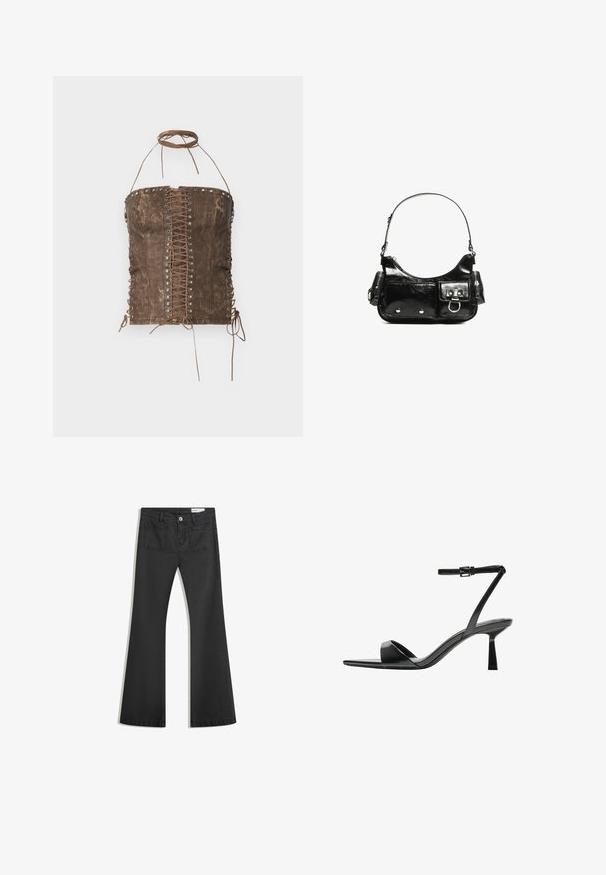 Brun konstläderkorsett med snörning fram, silverfärgade öljetter och justerbara band på sidor och halsringning. Slät textur, figurnära design.; Svarta utsvängda jeans i denim med en jämn textur, med två bakfickor och knäppning vid midjan.; Bershka Sandaletter - black; Svart lackläderhandväska med en rundad form, en axelrem, framfickor och detaljer i silverfärg.