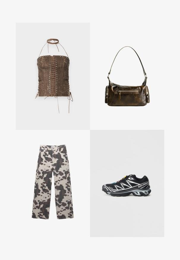 Barna műbőr fűző felső, fűzős elejével, ezüstszínű szemekkel, és állítható kötéssel az oldalán és a nyakvonalban. Simás textúra, testhezálló fazon.; Bézs színű, széles szabású farmernadrág barna tehénmintával. Gombos záródással és öt zsebes kialakítással rendelkezik. Denim szövetből készült.; Fekete futócipő ezüst kiegészítőkkel, GORE-TEX anyagból, struktúrált talppal és színes fűzőkkel. Párnázott sarokkal rendelkezik a támasz érdekében.; Barna bőr kézitáska ívelt formával, ezüst színű fémrészekkel és két cipzáras zsebbel az elején. Állítható vállpánt jár hozzá.