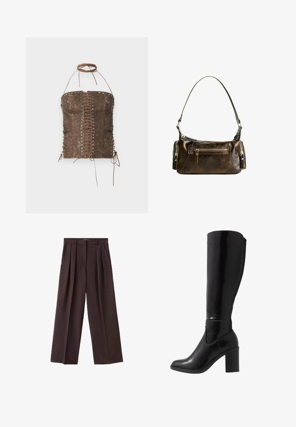 Ruskea keinonahkainen korsetti, jossa on nauhakiinnitys edessä, hopeiset reiät ja säädettävät nauhat sivuilla ja kaula-aukossa. Sileä rakenne, istuva muotoilu.; Ruske levele hlače širokog kroja od teksturirane tkanine, s prednjim nabranicama, bočnim džepovima i klasičnim dizajnom struka.; Polvimittaiset mustat kiiltävät korkokengät pyöreällä kärjellä, sileällä pinnalla, sivuaukolla ja paksulla pinottulla korolla.; Ruskea nahkalaukku, jossa on kaareva muoto, hopeisia yksityiskohtia ja kaksi vetoketjullista taskua edessä. Mukana säädettävä olkahihna.