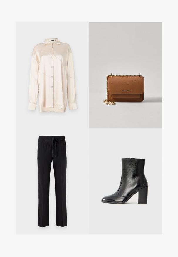 AERON ABIGAIL SHIRT - Button-down blouse - silver; Black trousers with an elastic waistband and adjustable drawstring, featuring a straight leg design and smooth texture. No patterns or accents.; Black leather ankle boot with a smooth texture, pointed toe, and a chunky high heel. Features a side opening and minimalistic design.; Brown textured leather crossbody bag with gold chain strap and flap closure. Front features logo detail and a pocket under the flap.