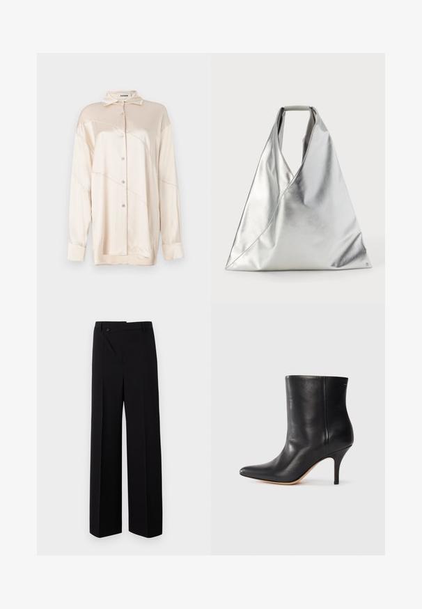 AERON ABIGAIL SHIRT - Button-down blouse - silver; Black wide-leg trousers with a flat front, button closure, and smooth fabric texture. Features a straight cut and crisp lines.; Black leather ankle boot with pointed toe, slim stiletto heel, and smooth texture. Minimalist design with no visible hardware or accents.; MM6 Maison Margiela CLASSIC JAPANESE HANDBAG - Handbag - silver-coloured