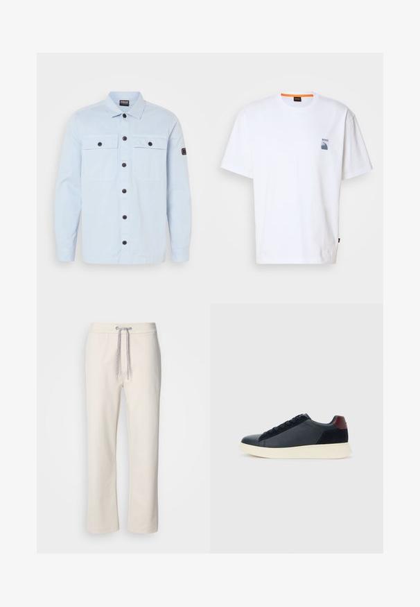 Camisa azul clara de algodão, com dois bolsos no peito, botões pretos e um acabamento texturizado subtil. Design de gola clássica.; T-shirt de algodão branco com um pequeno logotipo azul e design gráfico no lado esquerdo do peito; ajuste relaxado com um decote redondo clássico.; Calças casuais de cor cremosa com cintura elástica e pernas retas, exibidas sobre um fundo branco liso.; Sapatilha baixa masculina em couro preto e camurça com aba de calcanhar em amarelo-escuro e sola de borracha branca, vista do lado exterior.