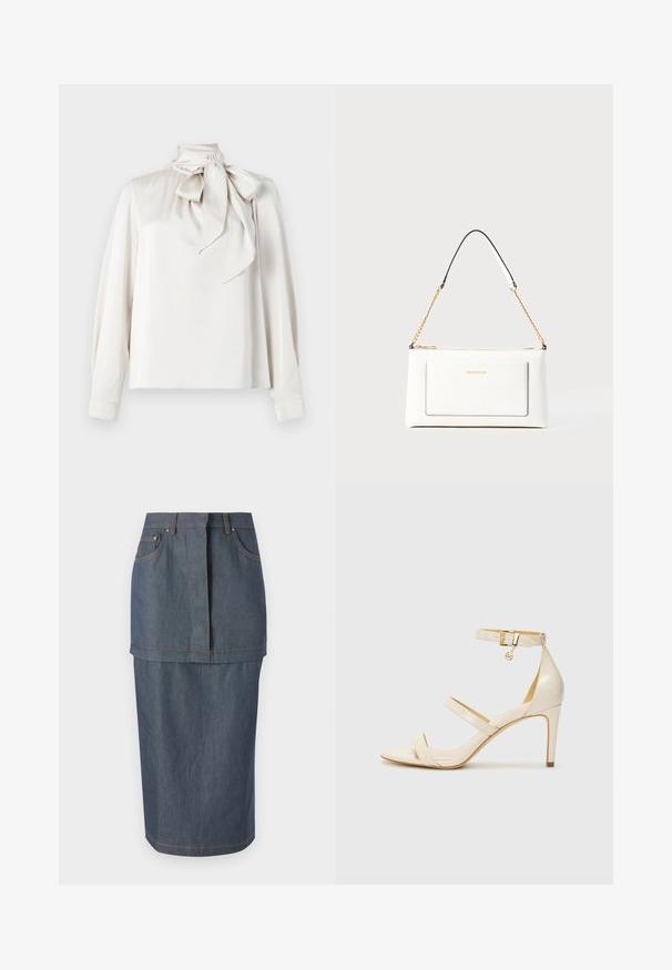 Světle béžová blůza s dlouhými rukávy, vysokým límcem a velkou mašlí na krku. Hladký materiál a mírně volný střih.; Džínová sukně s tmavě modrým odstínem, s předními kapsami, přiléhavým pasem a délkou po kolena, zdobená kontrastním šitím.; Béžové sandály na vysokém podpatku s tenkým páskem přes kotník a dvěma horními pásky. Lesklý lakový povrch a zlaté detaily na pásku kolem kotníku.; Bílá kožená kabelka s texturovaným povrchem, zdobená zlatým řetízkem a černými akcenty. Obsahuje přední kapsu a uzavírání na zip.