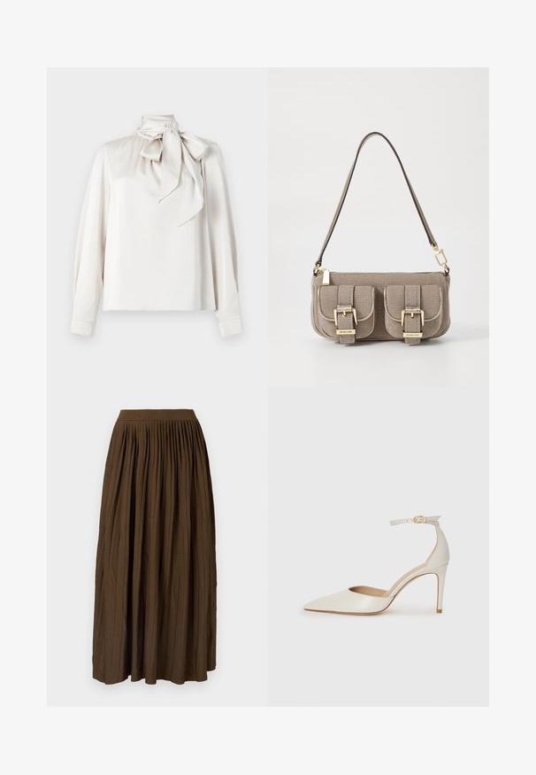 Svijetlo bež bluzica s dugim rukavima, visokim ovratnikom i velikom mašnom na vratu. Glatka tekstura i lagano opušten kroj.; Smeđa plisirana maxi suknja s širokim elastičnim pojasom i teksturiranom tkaninom, koja sadrži vertikalne nabore za dodatnu detaljnost i protok.; Bijela kožna visoko potpetica s oštrim vrhom, remenom oko članaka i tankom stiletto potpeticom. Glatka tekstura s blagim sjajnim završetkom.; Bež torbica teksture s podesivim remenom, dva prednja džepa osigurana kopčama i detaljima od zlata. Zatvaranje na zipu na vrhu.