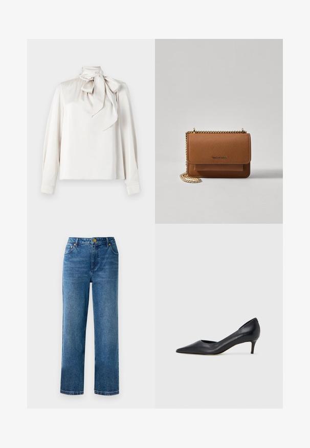 Lys beige bluse med lange ermer, høy krage og en stor sløyfe ved halsen. Glatt tekstur og litt løs passform.; Blå høyderte bukser med rett benkutt, laget av denim, med fem lommer og detaljer i gullfarget metall.; Sort lærpumps med spiss tupp og lav hæl. Har en jevn tekstur og subtil glans. Åpen utskjæring foran for ekstra detalj.; Brun teksturert lær crossover-veske med gullkjede-stropp og klaffelukking. Fronten har logo-detalj og en lomme under klaffen.