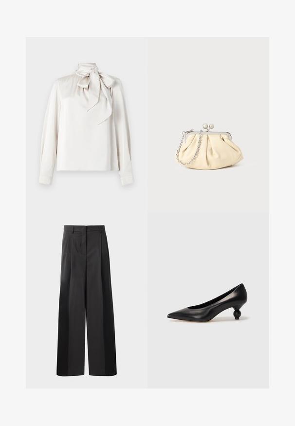 Šviesiai kreminė bliuska su ilgomis rankovėmis, aukštu apykakle ir didele kaklo lankeliu. Tampri tekstūra ir šiek tiek laisvas prigludimas.; Juodos plačios kelnės su aukštu liemeniu, su priekinėmis raukšlėmis, glotnia tekstūra ir pritaikytu apdailos stiliumi. Sukurtos laisvam sėdėjimui.; Juoda odinė aukštakulnė bateliai su smailiu pirštu ir apvaliu, iškiliu kulnu. Lygus paviršius su elegantišku, minimalistiniu dizainu.; Plyšiniai smėlio spalvos odiniai rankinukai su sidabriniu metaliniu rėmu, turintys du apvalius dekoratyvinius užtrauktukus ir sidabrinę grandinėlę.