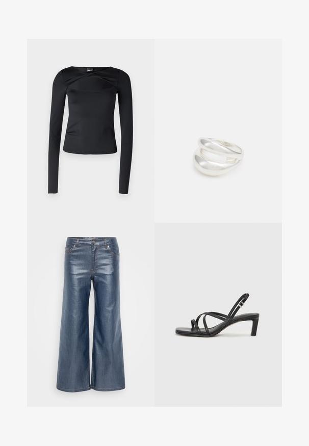 Juodas ilgomis rankovėmis maikas, pagamintas iš lygaus audinio. Pasižymi plačiu apvaliu iškirpimu ir suktuku priekyje, turintis aptemptą siluetą.; Tamsiai mėlyni plačių kojų džinsai, turintys lygią tekstūrą, su penkių kišenių dizainu ir kontrastingomis siūlėmis. Priekyje mygtuko ir užtrauktuko uždarymas.; Juodi šlepetės su kvadratiniu pirštu ir žemu bloku kulnu. Yra keli ploni dirželiai ir reguliuojamas kulkšnies diržas. Pagaminti iš lygios odos.; Sidabrinis dvigubas žiedas su lygiu, poliruotu paviršiumi. Pasižymi sklandžiu, kreiptu dizainu su persipinančiomis dalimis, suteikiančiomis modernų išvaizdą.