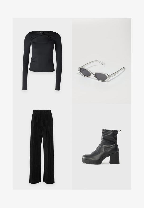 Fekete, hosszú ujjú felső, sima anyagból készült. Széles, kerek nyakkivágással és elülső csavart részlettel rendelkezik, testhez simuló szabású.; Fekete pliszírozott nadrág gumis derekkal. Széles lábakkal rendelkezik, sima, texturált anyagból készült, függőleges csíkokkal.; Fekete bokacsizmák sima bőrből, oldalsó cipzárral, vastag, texturált sarkú és lekerekített orrú dizájnnal.; Ovális formájú napszemüveg, átlátszó műanyag keret, sötétszürke lencsék és vékony, átlátszó szárak, logóakkcentussal és minimális díszítéssel.