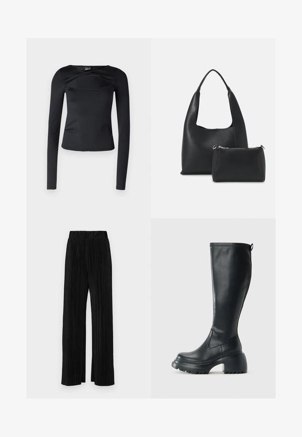 Melnā gara piedurkne top ar gludu audumu. Tam ir plats apaļš kakla izgriezums un pagriešanas detaļa priekšā, ar pieguļošu siluetu.; Melni plīšu bikses ar elastīgu jostu. Tām ir platākas kājas un gluda, teksturēta auduma ar vertikālām svītrām.; Augstas melnas ādas zābakus ar masīvu platformu un bloka papēdi, ar vilkšanas cilpu un strukturētu profilu uz ārējā zoles.; Even&Odd Rokassoma - black