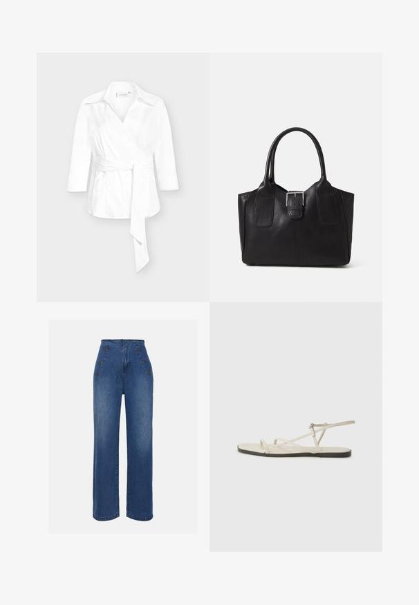 Camicia a portafoglio bianca con scollo a collo, maniche a tre quarti e vita annodata. Realizzata in tessuto liscio con una vestibilità strutturata.; Jeans in denim a vita alta di un blu medio. Presentano dettagli con bottoni frontali e un design a gamba ampia. Il tessuto ha una texture liscia con un leggero sbiadimento.; Sandal in beige piatta con multiple cinghie sottili e una fibbia regolabile. La suola è piatta con un leggero contrasto scuro lungo il bordo.; Borsa tote in pelle nera con texture liscia, forma strutturata, due manici e un evidente dettaglio in fibbia argentata sul davanti.