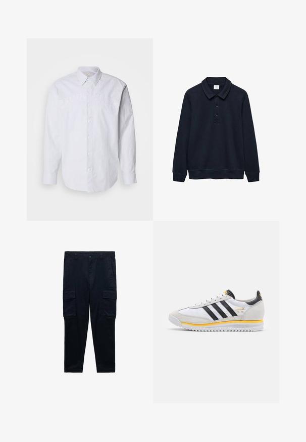 Bela dolga majica z dolgimi rokavi iz lanu z navpičnimi modrimi črtami, z nastavljanjem na gumbih in vtisnjenim logotipom "CALVIN KLEIN" čez prsi.; Mornarska polo majica s dolgimi rokavi, narejena iz mehke tkanine, z obrnjenim ovratnikom, tremi gumbi ter rebrastimi manšetami in robom.; Kraljevsko modri cargo hlače iz bombaža, s stranskimi žepi, žepom z zadrgo in zankami za pas; kroj s pravimi nogavicami in manšetami.; Bela semšena in mrežasta tenisica s tremi črnimi črtami, rumenim poudarkom na podplatu, strukturiranim črnim peto in zavezovanjem.