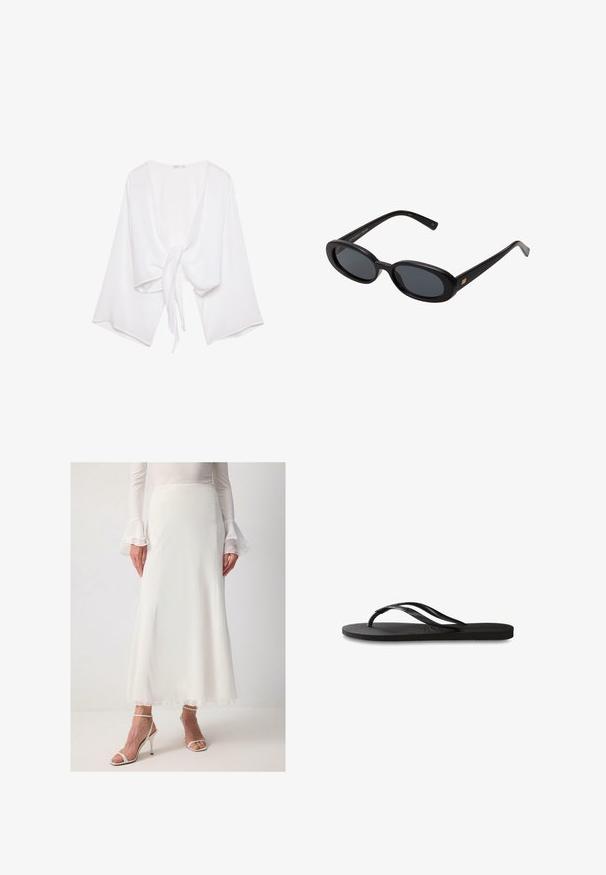 Bel bela majica iz lahkih tkanin. Ima zavezovanje spredaj in široke, zvonaste rokave. Teksturna površina.; Bela, lahka maksi krila iz lahkega blaga z gladko teksturo; ima subtilen rob in je kombinirana z nežnimi belimi salonarji.; Črne natikače z teksturirano gumijasto podlogo, dvema ozkima trakoma in subtilnim, vtisnjenim logom na traku.; Črne oversize sončne očala z ovalnimi lečami, gladkim plastičnim okvirjem in zlatenimi detajli na templjih. Temne leče zagotavljajo zaščito pred soncem.