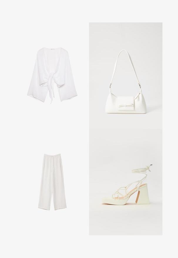 Biele skrátené tričko vyrobené z ľahkého materiálu. Má viazanie na prednej strane a široké rukávy v tvare zvona. Textúrovaný povrch.; Biele široké nohavice vyrobené z ľahkej tkaniny. Obsahujú elastický pás so sťahovacou šnúrkou a bočné vrecká. Hladká textúra.; Biele sandále na vysokom opätku s hrubým podpätkom, s pruhovaným dizajnom a viazaním na členku. Hladký povrch s platformou vpredu pre zvýšenú výšku.; Biela syntetická kabelka s trojuholníkovým tvarom, plochým predným klapkou a detailom mašle, nastaviteľným popruhom, hladkou textúrou a minimalistickým dizajnom.