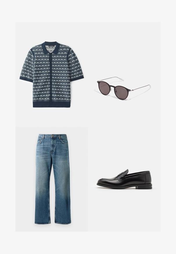 Navy korteblauwe gebreide cardigan met korte mouwen, gekenmerkt door een geometrisch wit patroon, knoopsluiting en een klassieke kraag. Gestructureerde stof met contrasterende accenten.; Lichtblauwe wijde jeans met een vervaagde wassing, voorzien van een enkele knoopsluiting, vijf zakken en contrasterende stiksels.; Zwarte leren instappers met een gladde textuur, ronde neus en een decoratieve band over de wreef. Lage, gestapelde hak en minimalistisch ontwerp.; Zwarte ronde zonnebril met donkere lenzen en slanke metalen armen. Inclusief heldere tempelpunten en zilveren accenten bij de scharnier. Minimalistisch ontwerp.