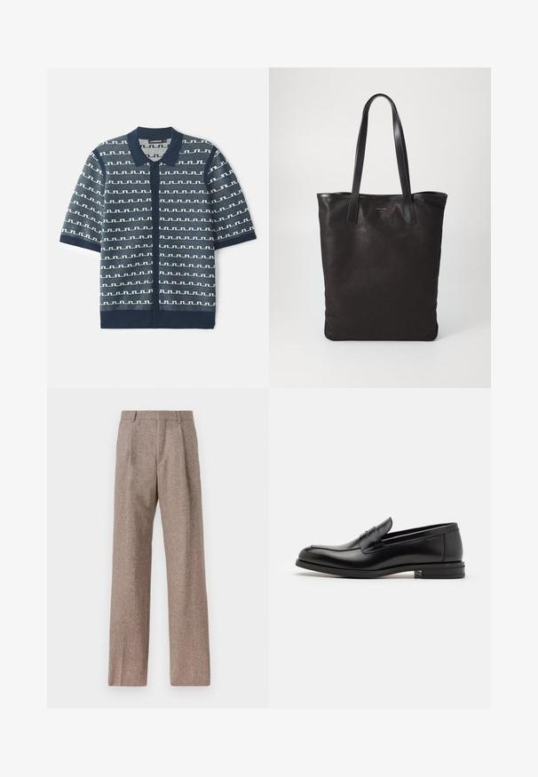 Tengerészkék, rövid ujjú kötött kardigán geometrikus fehér mintával, gombos záródással és klasszikus gallérral. Texturált anyag, kontrasztos akcentusokkal.; Barna, magas derekú nadrág texturált anyagból. Széles szárai és két elülső redője biztosítja a struktúrát. Ízléses kivitel, látható fémszerelés nélkül.; Fekete bőr loaferek sima textúrával, kerek orral és dekoratív pánttal a vampnál. Alacsony, rétegelt sarkú, minimalista dizájn.; Fekete vászontáska fekete bőr füllel. Egyszerű dizájn, tágas test és sima textúra. Nincsenek látható logók vagy minták.