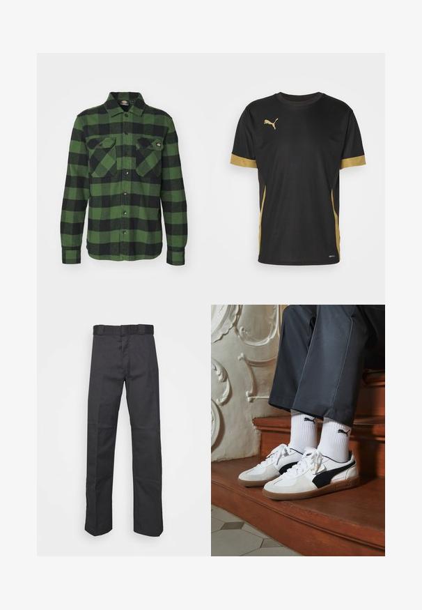 Vihreä ja musta ruudullinen flanelluspaidat, joissa on kaksi rintataskua, napit edessä, pitkät hihat ja terävä kaulus. Pehmeä tekstuuri.; Musta urheilupaita, jossa on kultaiset yksityiskohdat hihoissa ja sivuilla. Omistaa pyöreän kauluksen, lyhyet hihat ja kosteuskuivaavaa DRYCELL-kangasta.; Mustat pantsit kestävästä kankaasta, suoran lahkeen muotoilu, vyötärönauha, jossa on vyölenkit, ja saumat lisätekstuuria varten.; Puma-tenniset valkoisesta ja mustasta mokasta, joissa on ruskea kumipohja. Yhdistetty valkoisten sukkien kanssa, joissa on musta logo, tummien housujen kanssa.