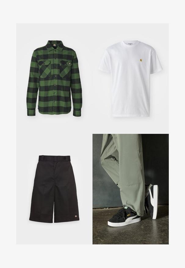 Žalias ir juodas čekiuotas flanelinis marškinėlis su dviem krūtinės kišenėmis, mygtukais priekyje, ilgomis rankovėmis ir smailiu apykaklė. Minkšta tekstūra.; Balta medvilnės marškinėliai su trumpomis rankovėmis, apvalia iškirpte, kuriuose kairėje krūtinės pusėje yra mažas auksinis logotipas. Minkšta tekstūra ir reguliari forma.; Juodi medvilniniai šortai su tiesiu kirpimu, iki kelių ilgio, su matomu prekės ženklu ant apvado ir lygia tekstūra.; Juodi suede sportbačiai su baltais guminiais padais ir šoninėmis juostelėmis, derinami su šviesiai žaliais kargo kelnais, stovintys ant tekstūruoto tamsaus paviršiaus.