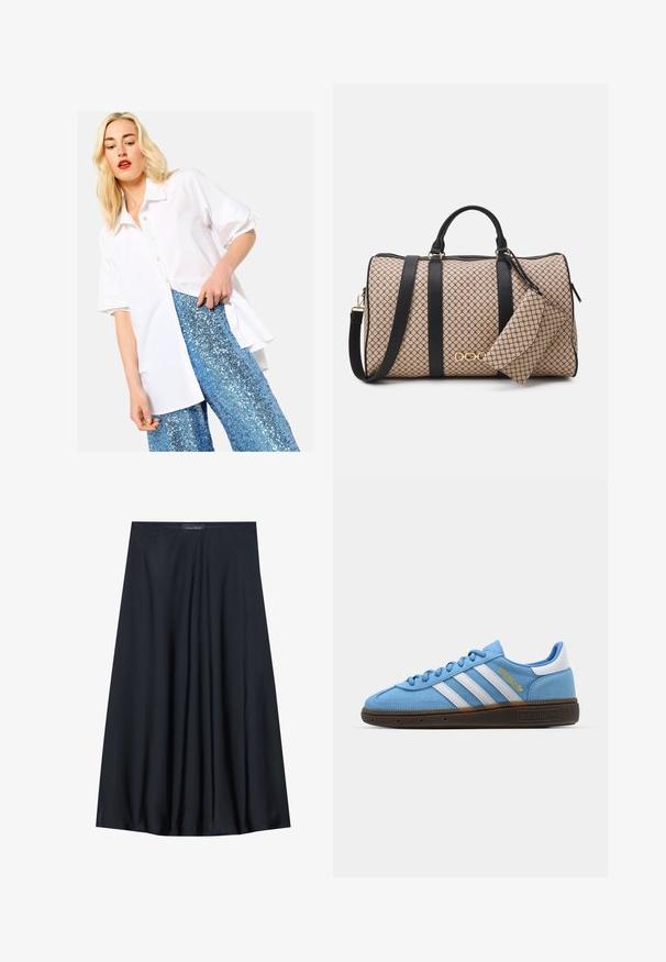 Balta īsās piedurknes pogājamā krekla ar apkakli kombinācija ar ziliem spīguļotajiem biksēm, kas izceļas ar brīvu piegriezumu un gludu auduma faktūru.; Melna, uz ceļa garuma svārku izgatavota no viegla auduma ar plūstošu dizainu. Ir gluda tekstūra un smalkas krokas papildu detaļām.; Gaiši zili zamšveidīgi sporta apavi ar baltām ādas strīpām, brūnu teksturētu zoli un zelta logotipu. Zema modeļa dizains ar noapaļotu purngalu.; Dafels soma ar beigu rakstu ārējo virsmu, melnām ādas siksnām, zelta piederumiem un mazu atbilstošu maisiņu. Strukturēts dizains.